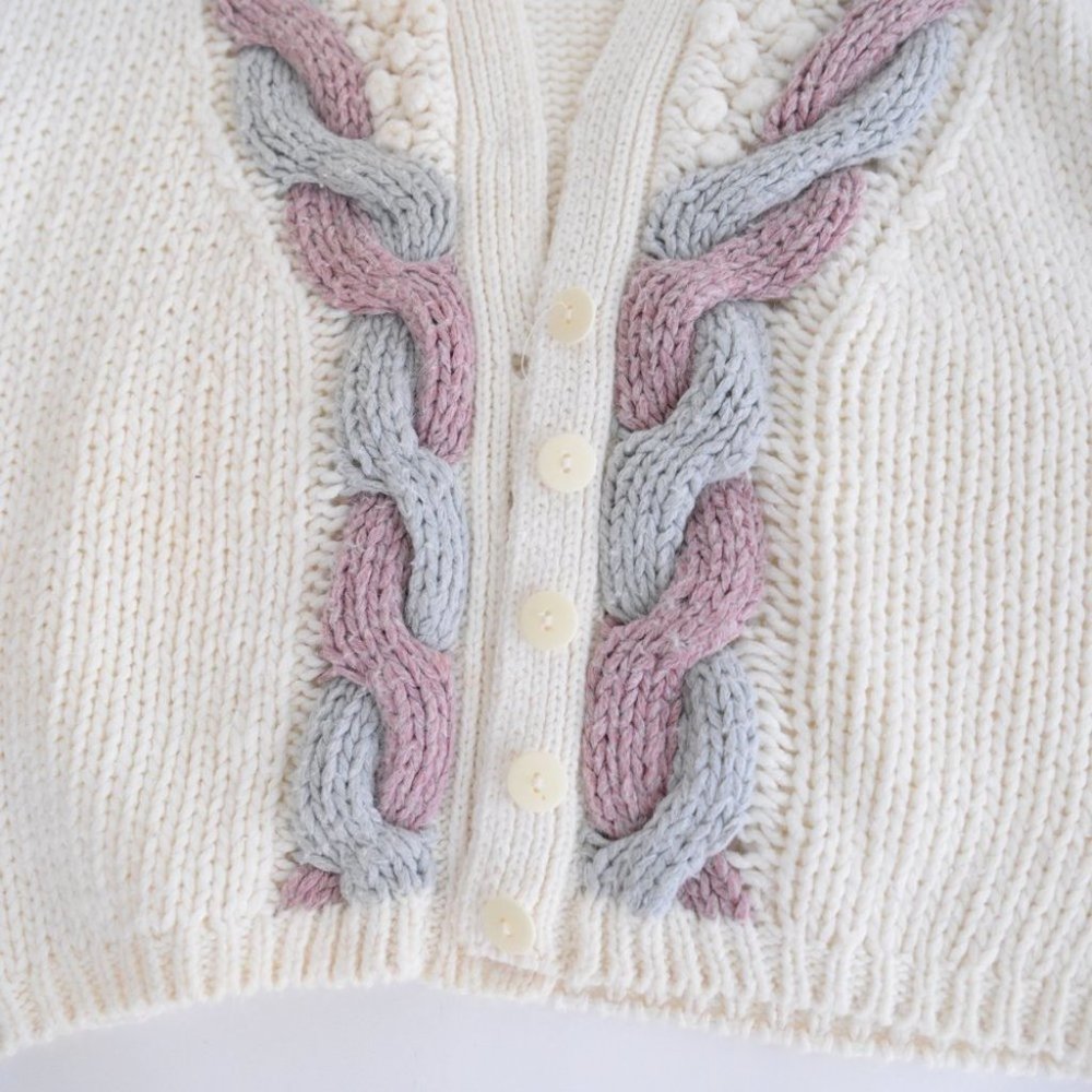 Vintage Hunters Run Cream, Purple & Blue Button Up Knit Cardigan L - Picture 7 of 12